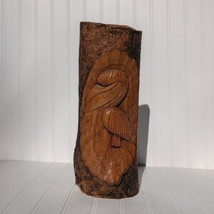 Vintage Wooden Pelican Carving 3D Beach Coastal Decor Handcrafted Tree Bark